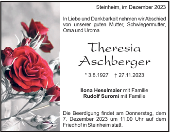 Traueranzeige von Theresia Aschberger von Heidenheimer Zeitung