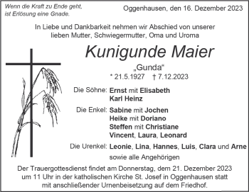 Traueranzeige von Kunigunde Maier von Heidenheimer Zeitung