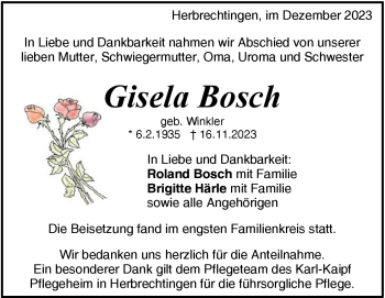 Traueranzeige von Gisela Bosch von Heidenheimer Zeitung