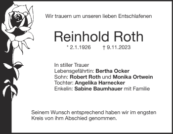Traueranzeige von Reinhold Roth von Heidenheimer Zeitung