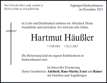 Traueranzeige von Hartmut Häußler von Heidenheimer Zeitung