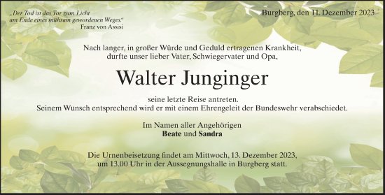 Traueranzeige von Walter Junginger von Heidenheimer Zeitung