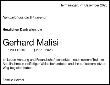 Traueranzeige von Gerhard Malisi von Heidenheimer Zeitung