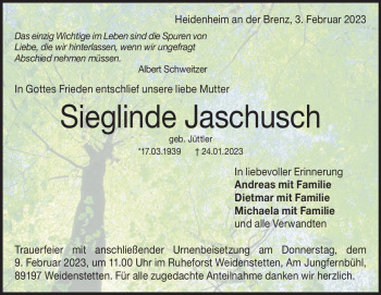 Traueranzeige von Sieglinde Jaschusch von Heidenheimer Zeitung