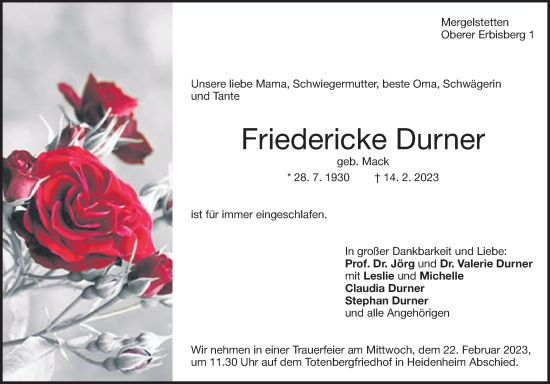 Traueranzeige von Friedericke Durner von Heidenheimer Zeitung