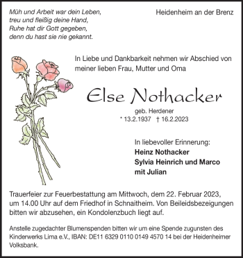 Traueranzeige von Else Nothacker von Heidenheimer Zeitung