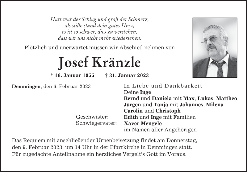  Traueranzeige für Josef Kränzle vom 06.02.2023 aus Heidenheimer Zeitung