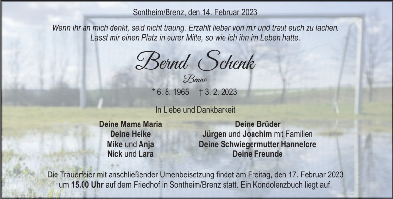 Traueranzeige für Bernd Schenk vom 14.02.2023 aus Heidenheimer Zeitung