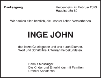 Traueranzeige von Inge John von Heidenheimer Zeitung