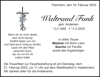 Traueranzeige von Waltraud Funk von Heidenheimer Zeitung