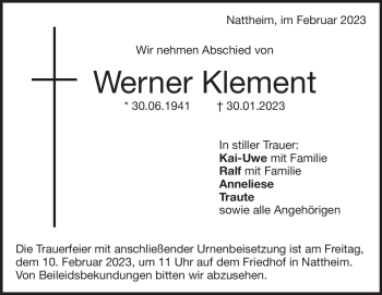 Traueranzeige von Werner Klement von Heidenheimer Zeitung