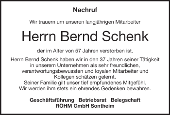 Traueranzeige von Bernd Schenk von Heidenheimer Zeitung