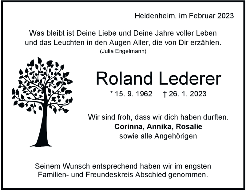  Traueranzeige für Roland Lederer vom 11.02.2023 aus Heidenheimer Zeitung