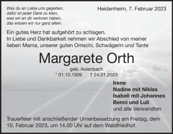 Traueranzeige von Margarete Orth von Heidenheimer Zeitung