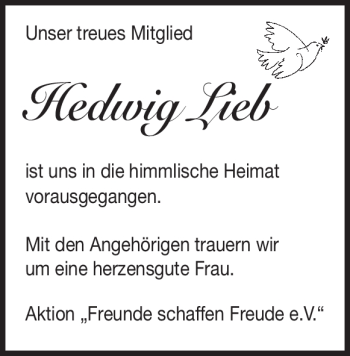 Traueranzeige von Hedwig Lieb von Heidenheimer Zeitung