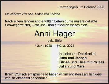 Traueranzeige von Anni Hager von Heidenheimer Zeitung