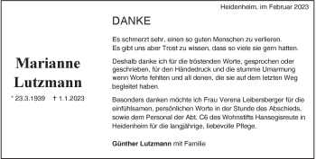 Traueranzeige von Marianne Lutzmann von Heidenheimer Zeitung