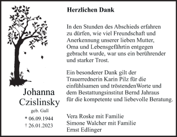Traueranzeige von Johanna Czislinsky von Heidenheimer Zeitung
