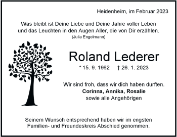Traueranzeige von Roland Lederer von Heidenheimer Zeitung