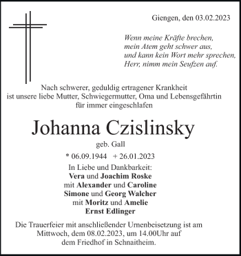 Traueranzeige von Johanna Czislinsky von Heidenheimer Zeitung