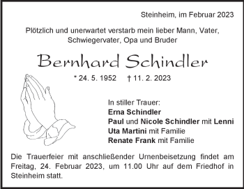 Traueranzeige von Bernhard Schindler von Heidenheimer Zeitung