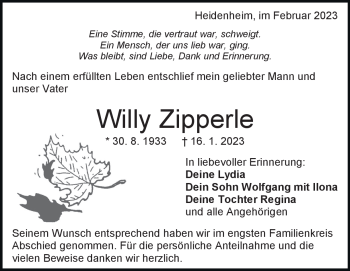Traueranzeige von Willy Zipperle von Heidenheimer Zeitung