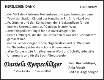 Traueranzeige von Daniela Reepschläger von Heidenheimer Zeitung