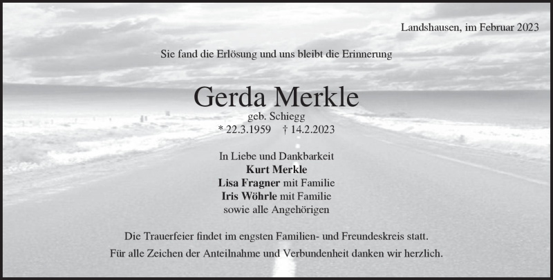 Traueranzeige für Gerda Merkle vom 16.02.2023 aus Heidenheimer Zeitung