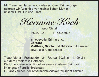 Traueranzeige von Hermine Koch von Heidenheimer Zeitung