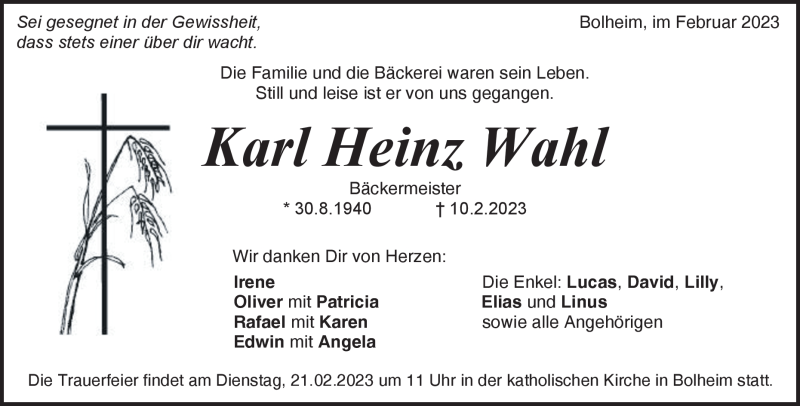  Traueranzeige für Karl Heinz Wahl vom 18.02.2023 aus Heidenheimer Zeitung