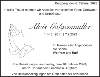 Traueranzeige von Alois Galgenmüller von Heidenheimer Zeitung