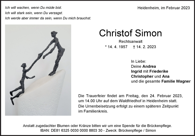  Traueranzeige für Christof Simon vom 18.02.2023 aus Heidenheimer Zeitung