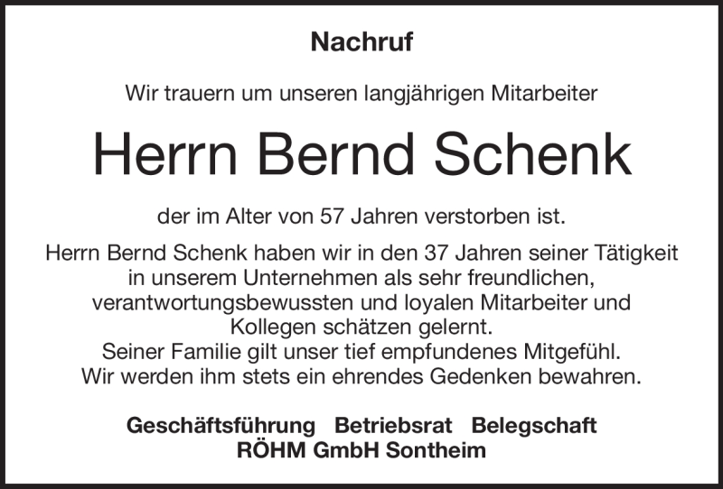  Traueranzeige für Bernd Schenk vom 15.02.2023 aus Heidenheimer Zeitung