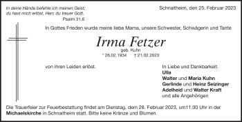 Traueranzeige von Irma Fetzer von Heidenheimer Zeitung
