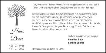 Traueranzeige von Hans Baur von Heidenheimer Zeitung