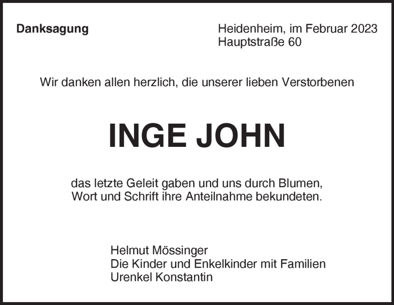  Traueranzeige für Inge John vom 22.02.2023 aus Heidenheimer Zeitung