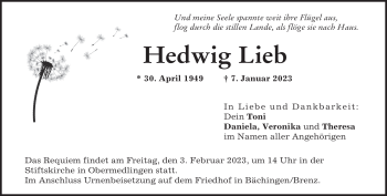 Traueranzeige von Hedwig Lieb von Heidenheimer Zeitung