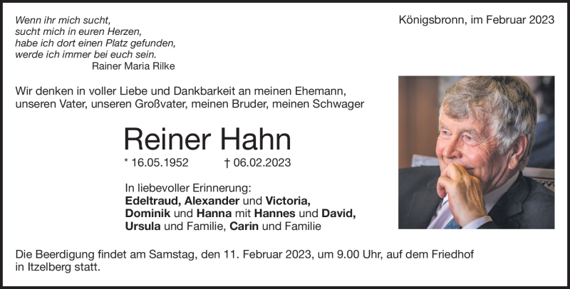  Traueranzeige für Reiner Hahn vom 09.02.2023 aus Heidenheimer Zeitung