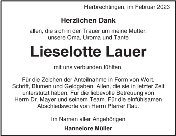 Traueranzeige von Lieselotte Lauer von Heidenheimer Zeitung