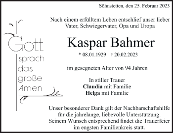 Traueranzeige von Kaspar Bahmer von Heidenheimer Zeitung