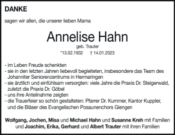 Traueranzeige von Annelise Hahn von Heidenheimer Zeitung