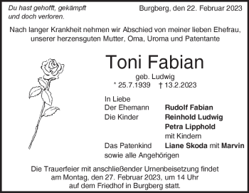 Traueranzeige von Toni Fabian von Heidenheimer Zeitung
