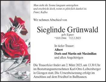 Traueranzeige von Sieglinde Grünwald von Heidenheimer Zeitung