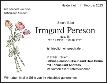 Traueranzeige von Irmgard Pereson von Heidenheimer Zeitung