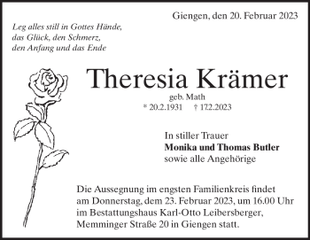 Traueranzeige von Theresia Krämer von Heidenheimer Zeitung