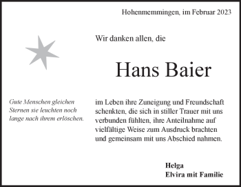 Traueranzeige von Hans Baier von Heidenheimer Zeitung