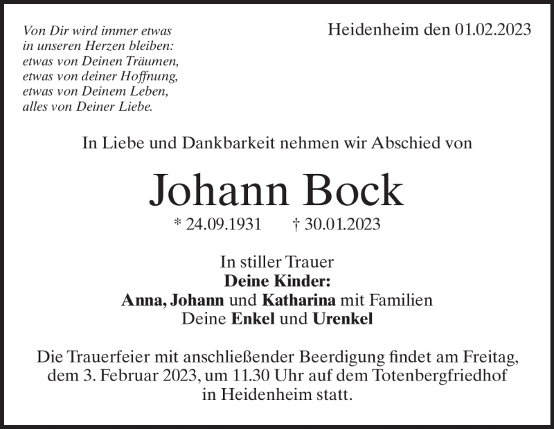  Traueranzeige für Johann Bock vom 01.02.2023 aus Heidenheimer Zeitung
