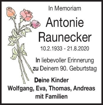 Traueranzeige von Antonie Raunecker von Heidenheimer Zeitung