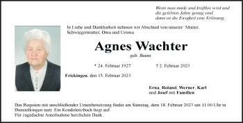 Traueranzeige von Agnes Wachter von Heidenheimer Zeitung