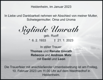 Traueranzeige von Siglinde Umrath von Heidenheimer Zeitung